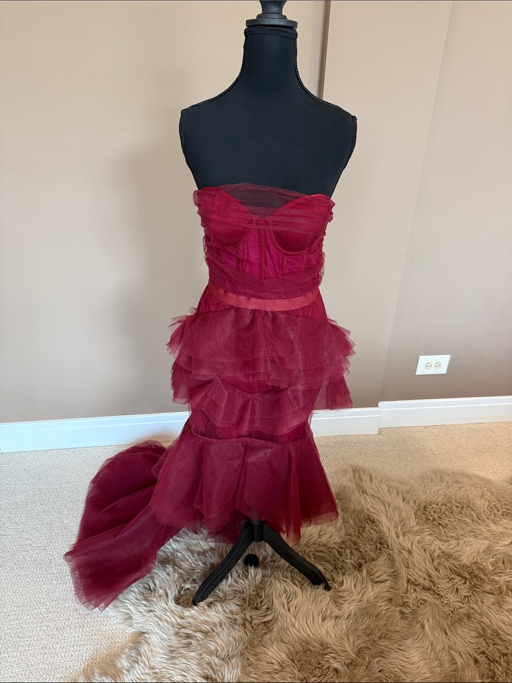 Strapless Burgundy Layered Tulle Evening Gown